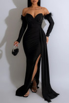 Zwarte sexy formele effen patchwork backless split strapless lange jurk jurken