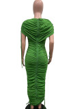 Verde elegante sólido bandagem patchwork dobra zíper o pescoço vestidos irregulares