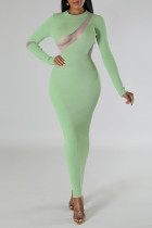 グリーン カジュアル ソリッド パッチワーク O ネック ロング ドレス ドレス