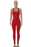 Red Sexy Solid Hollowed Out Patchwork U Neck Skinny Jumpsuits