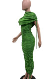 Green Elegant Solid Bandage Patchwork Fold Zipper O Neck Irregular Dress Dresses