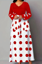 Red Elegant Dot Bandage Patchwork Zipper V Neck A Line Plus Size Dresses