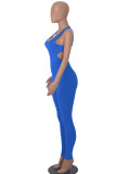 Blue Sexy Solid Hollowed Out Patchwork U Neck Skinny Jumpsuits