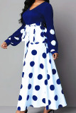 Blauwe elegante stip bandage patchwork rits V-hals A-lijn plus size jurken