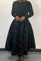 Черные элегантные однотонные платья с блестками в стиле пэчворк с застежкой-молнией и круглым вырезом