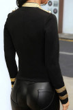 Manteau noir élégant en patchwork solide avec fermeture éclair et col rond, grande taille