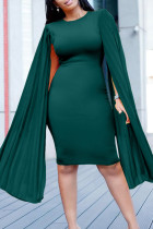 Vestidos de falda lápiz con cuello en O y cremallera pliegue liso elegante verde oscuro