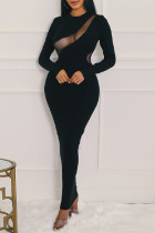 Черное повседневное однотонное длинное платье в стиле пэчворк с круглым вырезом Платья