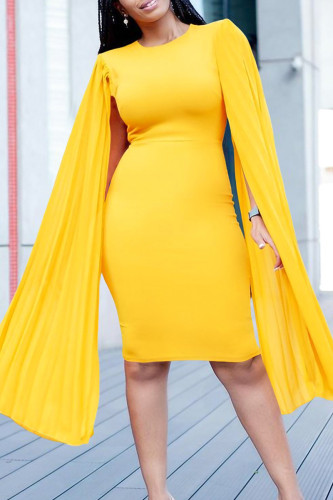 Yellow Elegant Solid Patchwork Fold Zipper O Neck Pencil Skirt Dresses