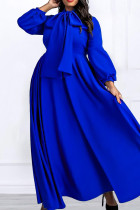 Blaue, elegante, feste Bandage, Patchwork-Tasche mit Schleife, O-Ausschnitt, langes Kleid