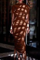 ブラウンエレガントな固体包帯パッチワーク折りジッパーOネック不規則なドレスドレス