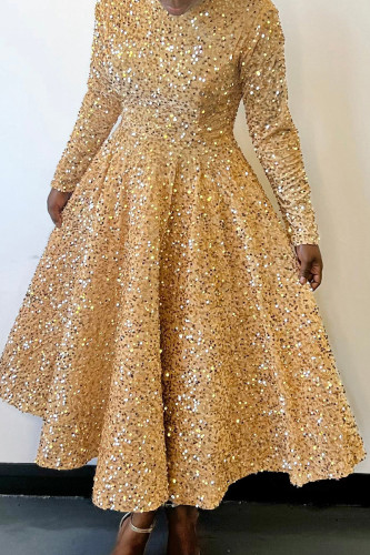 Champagne Elegant Solid Sequins Patchwork Zipper O Neck A Line Dresses