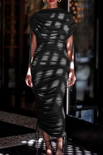 Black Elegant Solid Bandage Patchwork Fold Zipper O Neck Irregular Dress Dresses