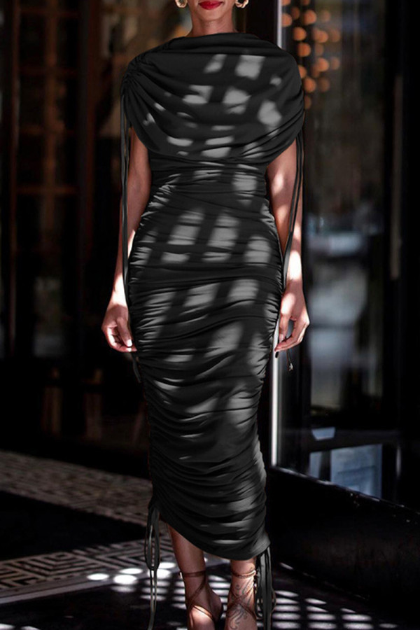 ブラックエレガントな固体包帯パッチワーク折りジッパーOネック不規則なドレスドレス