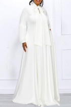 Weiße, elegante, feste Bandage, Patchwork-Tasche mit Schleife, O-Ausschnitt, langes Kleid