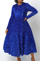 Koningsblauwe elegante effen pailletten patchwork rits O hals A-lijn jurken