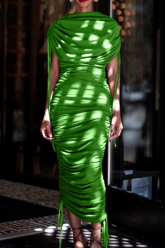 Green Elegant Solid Bandage Patchwork Fold Zipper O Neck Irregular Dress Dresses