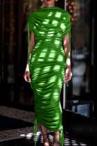 Verde elegante sólido bandagem patchwork dobra zíper o pescoço vestidos irregulares