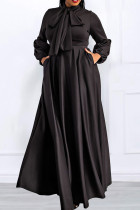 Negro elegante sólido vendaje patchwork bolsillo con lazo O cuello vestido largo Vestidos