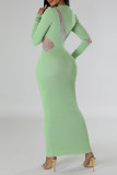 Groene casual effen patchwork lange jurk met o-hals