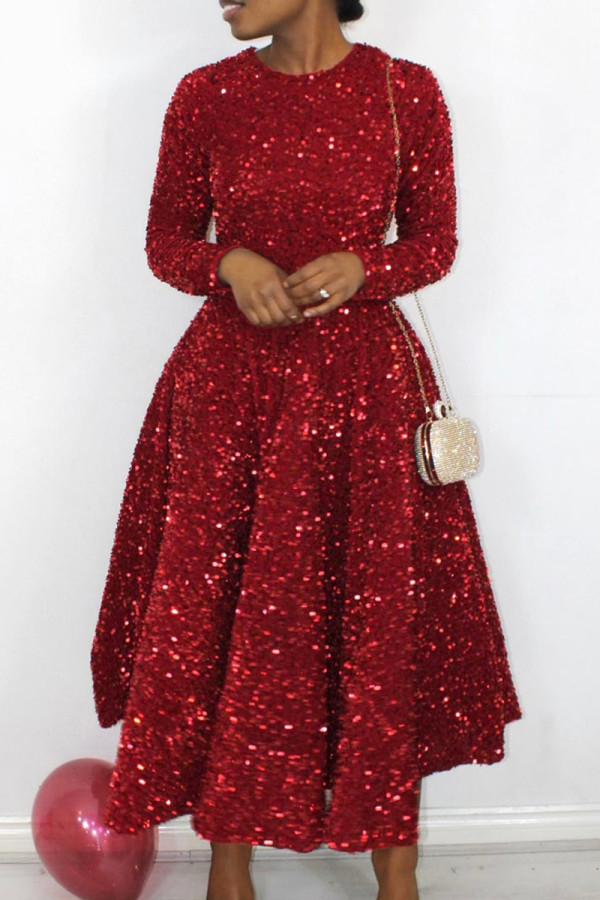 Rode elegante effen pailletten patchwork rits O hals A-lijn jurken