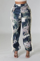 Blaue Street-Print-Quaste-Patchwork-Taschenknöpfe, Reißverschluss, normale mittlere Taille, weites Bein, voll bedruckte Hose