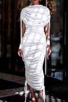 ホワイトエレガントな固体包帯パッチワーク折りジッパーOネック不規則なドレスドレス