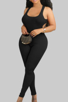 Zwarte Sexy Effen Uitgeholde Patchwork U-hals Skinny Jumpsuits