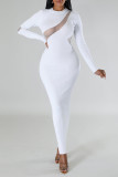 Witte casual effen patchwork O-hals lange jurkjurken