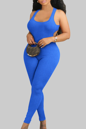 Blue Sexy Solid Hollowed Out Patchwork U Neck Skinny Jumpsuits
