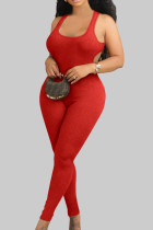 Rote, sexy, einfarbige, ausgehöhlte, schmale Jumpsuits mit U-Ausschnitt und Patchwork