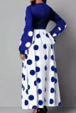 Blue Elegant Dot Bandage Patchwork Zipper V Neck A Line Plus Size Dresses