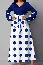 Blaue elegante Punkte-Bandage-Patchwork-Reißverschluss-V-Ausschnitt-A-Linie-Kleider in Übergröße