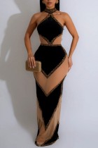 Zwart sexy patchwork bronzing doorzichtige halter lange jurkjurken