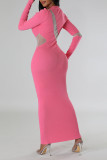 Roze casual effen patchwork O-hals lange jurkjurken