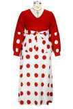 Rode elegante stip bandage patchwork rits V-hals A-lijn plus size jurken