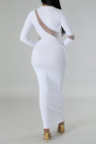 Белые повседневные однотонные лоскутные длинные платья с круглым вырезом
