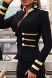 Abrigo negro elegante de retazos lisos con cremallera y cuello redondo de talla grande