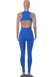 Blauwe sexy effen uitgeholde skinny jumpsuits met U-hals en patchwork