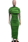 グリーンエレガントな固体包帯パッチワーク折りジッパーOネック不規則なドレスドレス