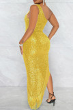 Vestido de noite dourado moda sexy patchwork borla lantejoulas assimétrica de um ombro