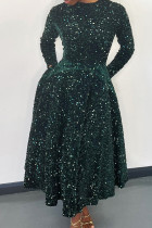 Groene elegante effen pailletten patchwork rits O hals A-lijn jurken