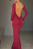 Burgundy Sexy Casual Solid Backless O Neck Long Dress Dresses