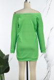 Verde Fluorescente Casual Estampa Patchwork Alças Cruzadas Gola Assimétrica Vestidos Retos