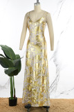Золотое сексуальное повседневное длинное платье с бретельками и открытой спиной с принтом Платья