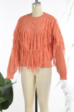 Green Casual Solid Tassel O Neck Tops