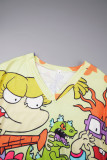 Dunkelviolettes, lässiges Cartoon-Druck-Basic-Kleid mit V-Ausschnitt und langen Ärmeln