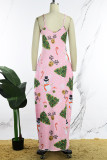 Розовое сексуальное повседневное длинное платье с вырезом на спине и бретельками с принтом Платья