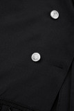 Black Casual Solid Tassel Buckle Turn-back Collar Outerwear