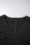 Robe irrégulière noire élégante en patchwork solide à volants et col en U